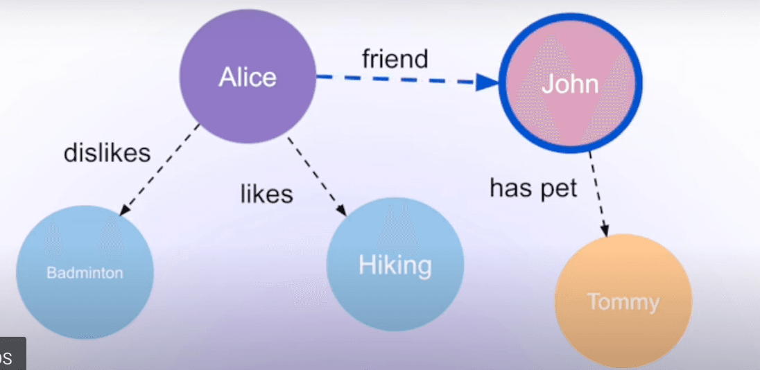 图记忆示意：Alice、John 与偏好、好友和宠物之间的关系